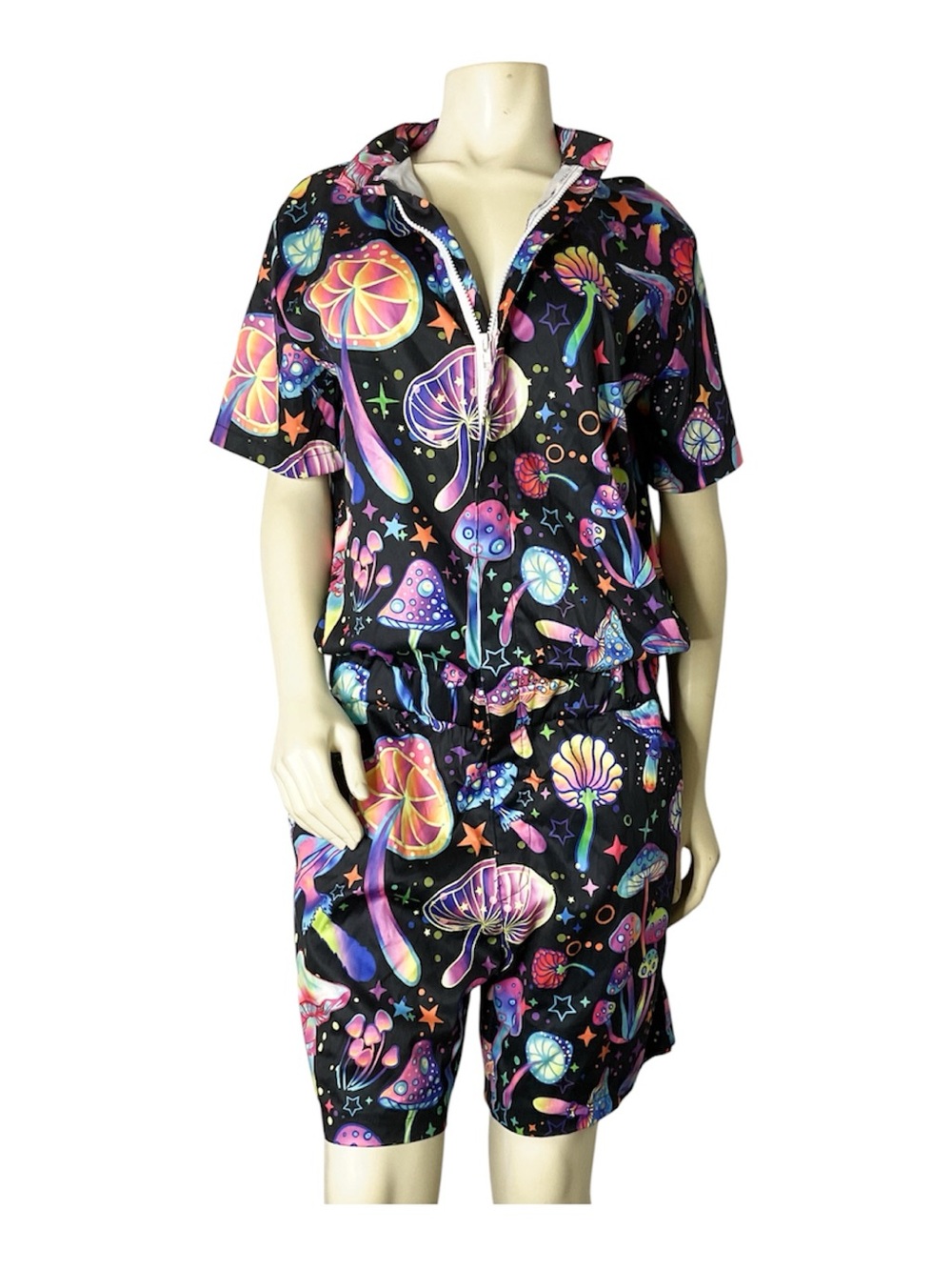 Festive Black Multi-Color Mushroom Print Romper Shorts Set M
